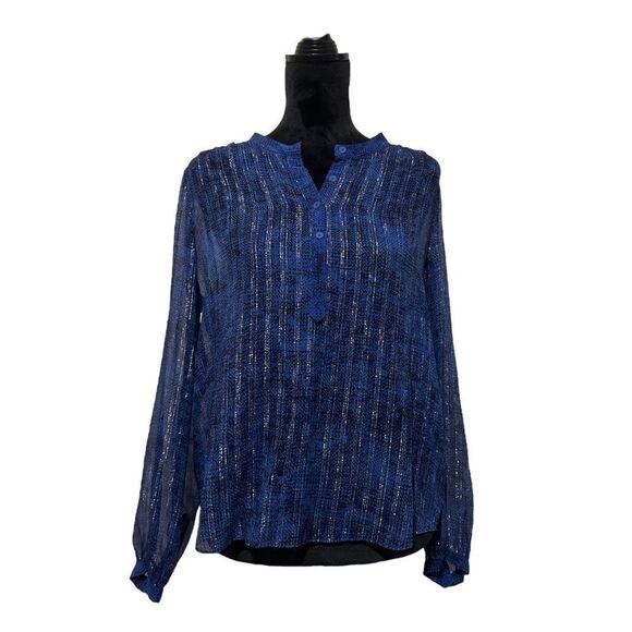 Rebecca Taylor Sheer Navy Blue & Silver Metallic Long Sleeve Top Size 6 - Picture 2 of 12
